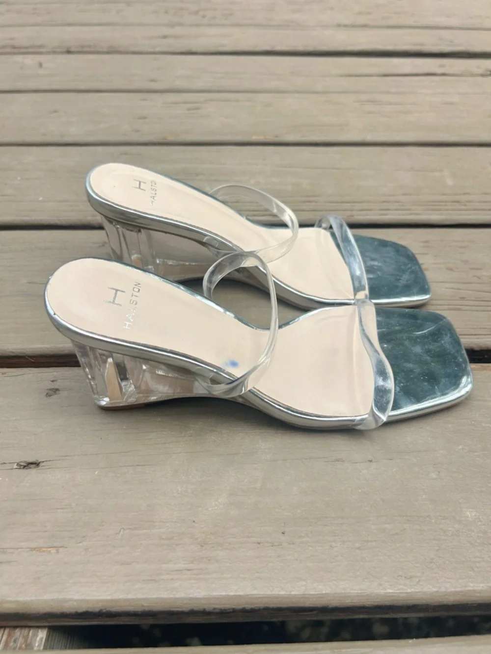 Halston Heritage Silver Clear Strap Block Heel Sandals | Size US 6.5 / EU 37